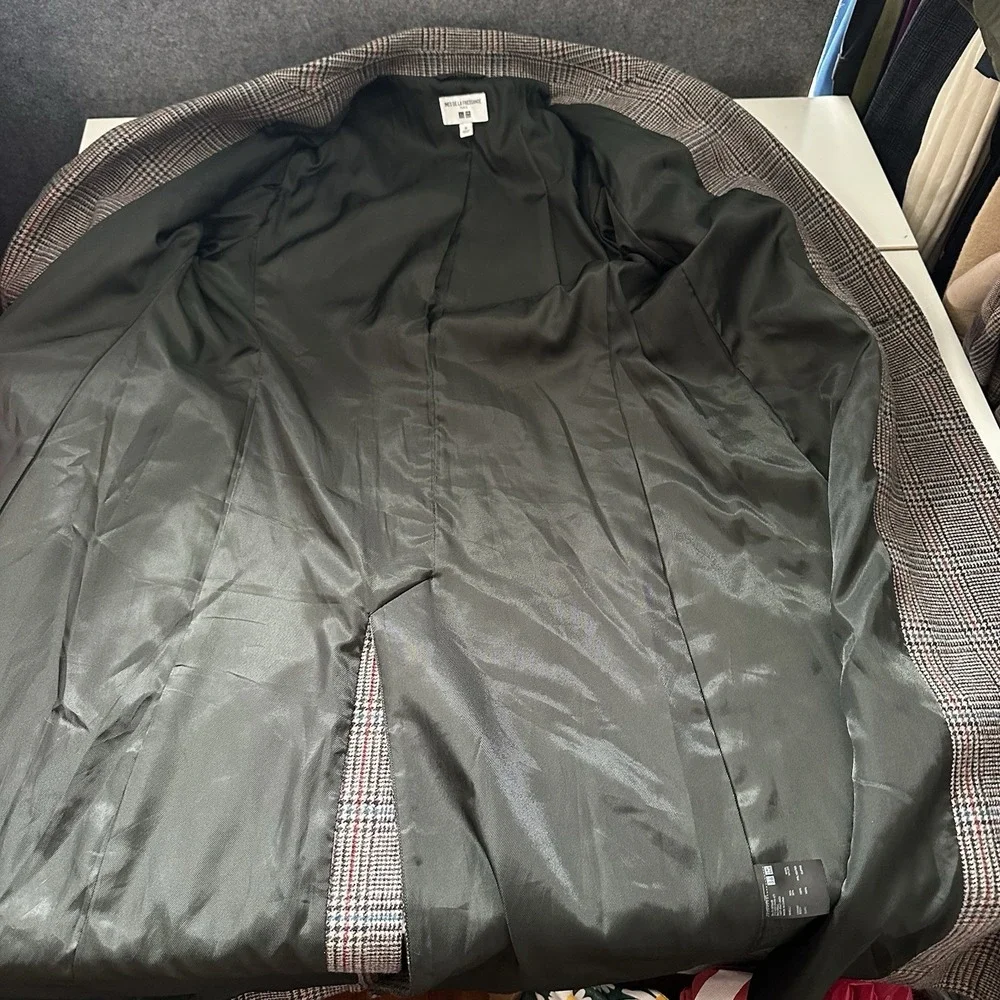 UNIQLO Ines de la Fressange IDLF Double Breasted Plaid Tweed Coat M Wool New - Picture 10 of 14